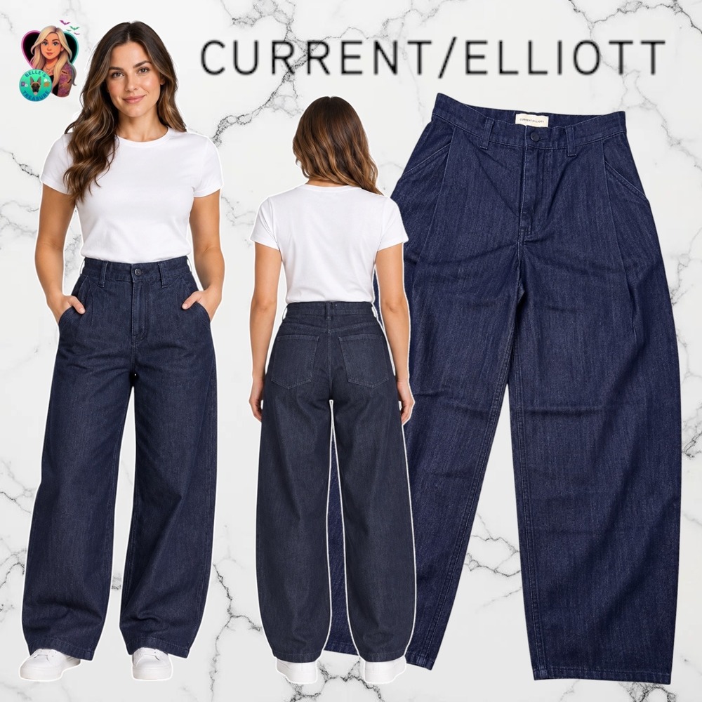 Current/Elliott Women's 4 Barrel Wide Leg Pleated Denim Trousers Indigo Blue